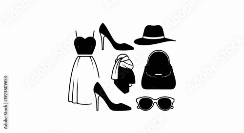 Black and white illustration of women's fashion accessories, including a dress, shoes, hat, handbag, and sunglasses