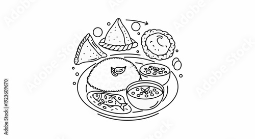 Black and white line art depicts a circular arrangement of various food items on a plate