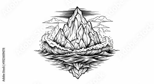 Dramatic mountain peak emerges from turbulent seas with stormy clouds above