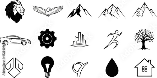 Collection of graphic icons representing animals, nature, industry, and lifestyle