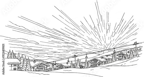 Alpine village with ski lift at sunrise, snow-covered roofs, mountains, trees