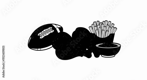American football, fried chicken, fries, and dip on a white background