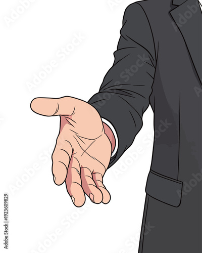 A hand is extended forward, showing readiness for a handshake in a business environment. The setting suggests a meeting or introduction.