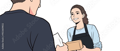 A customer receives a package from a delivery person at a service counter in a shop during daytime. Both are smiling as they interact.
