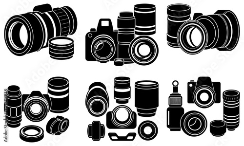 Collection of camera lenses and photography equipment illustrated in a detailed graphic design