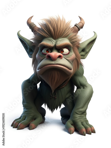 3D illustration of a fantasy mythical troll creature from Scandinavian folklore looking puzzled isolated on a white background.