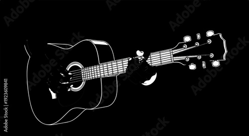 An acoustic guitar with a dark body and white outline, set against a black background