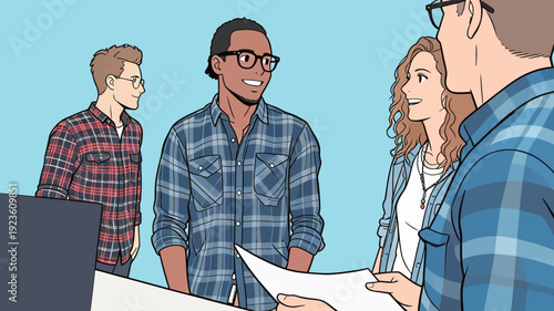 Four friends are gathered around a table discussing plans and sharing thoughts in a colorful setting.