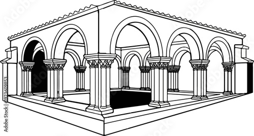 An ancient arcade with symmetrical arches, detailed columns, and a tiled roof