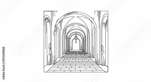 An arched hallway with a stone floor and a lamp hanging from the ceiling