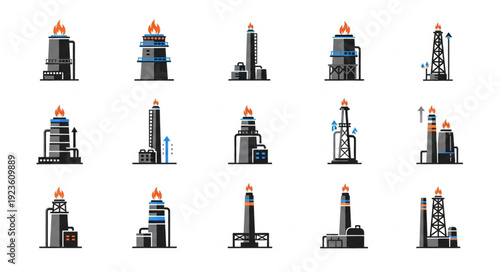 Various industrial structures with flames, representing energy and production.