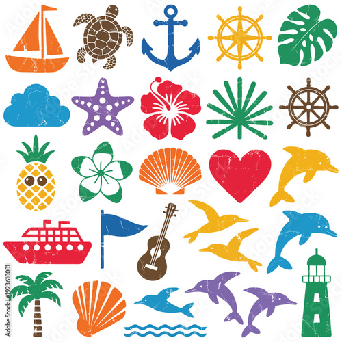 Summer Nautical Icons Set with Sailboat, Sea Turtle, Anchor, Ship Wheel, Starfish, Hibiscus, Pineapple, Dolphin and Lighthouse, Flat Vector Illustration Collection