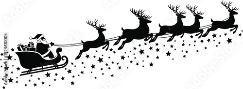 Black silhouette of Santa Claus in a sleigh pulled by flying reindeer through a starry sky isolated on white background for Christmas
