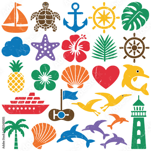 Summer Nautical Icons Set with Sailboat, Sea Turtle, Anchor, Ship Wheel, Starfish, Hibiscus, Pineapple, Dolphin and Lighthouse, Flat Vector Illustration Collection
