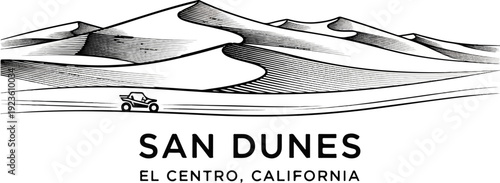 Drawing of rolling sand dunes with a dune buggy driving across the foreground