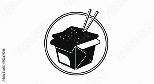 Black and white icon of a take-out food box with chopsticks