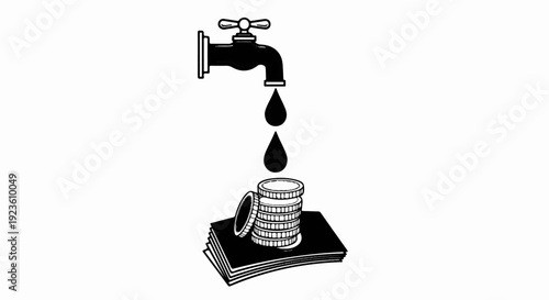 Dripping faucet with coins and bills symbolizing financial value