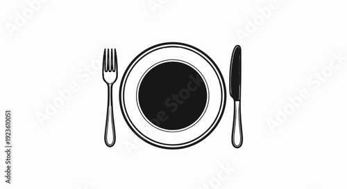 Black and white icon of a plate with a fork and knife on a white background