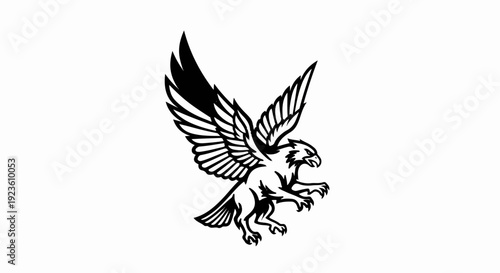 An illustrative black and white drawing of an eagle in flight, wings spread wide