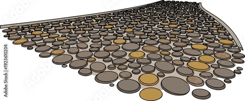 An overhead view of a curving pathway paved with stones