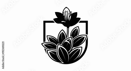 Black and white graphic of a flowering plant within a stylized shield