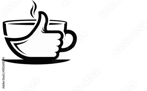 Black and white graphic of a coffee cup with a steaming handle shaped like a thumbs up