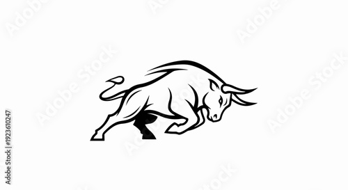 Dynamic black and white illustration of a charging bull with flowing mane