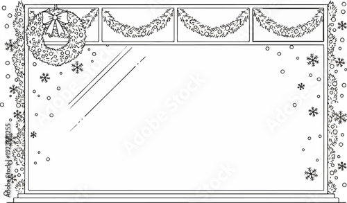 Decorative wintry vignette with garland, wreath, and falling snow