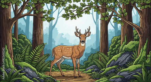 Deer stands calmly in a dappled forest clearing with ferns and mossy rocks