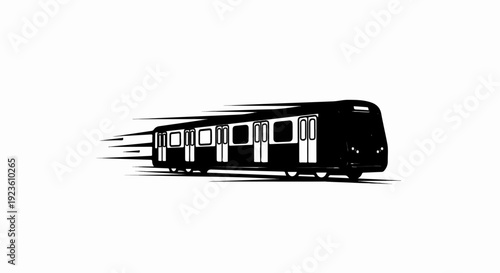 Black and white graphic illustration of a fast moving train
