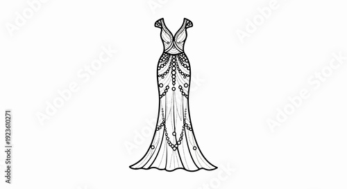 Black and white line art of a long, form-fitting beaded gown