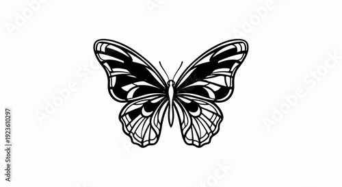 Black and white graphic illustration of a butterfly with intricate wing patterns
