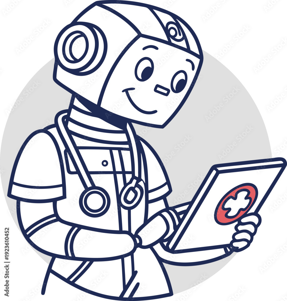 Obraz premium Friendly robotic astronaut holding a tablet with a medical cross icon