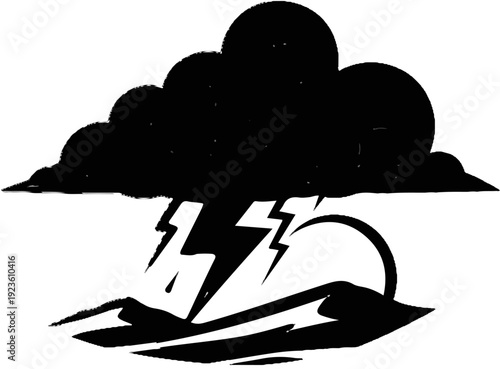 Dark storm clouds unleashing lightning over jagged terrain with a setting sun