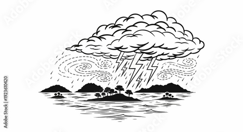 Dark stormy clouds unleash lightning, rain, and wind upon small islands
