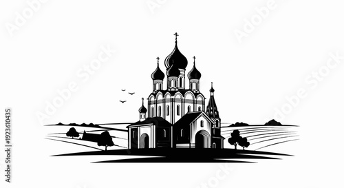 Black and white drawing of an orthodox church with domes on a hill