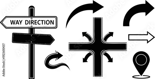 Collection of directional signs and arrows, including a signpost and various arrow shapes