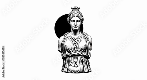 Ancient marble bust of a woman with a crown and draped clothing, black circle