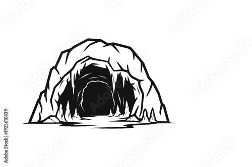 Dark, rough cave entrance with jagged rock formations and a black, cavernous opening