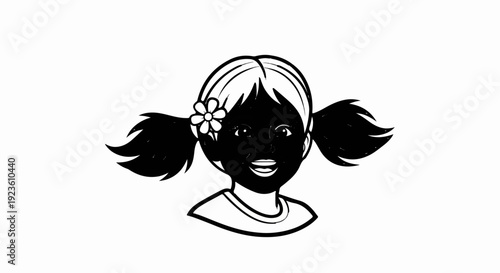 Black and white drawing of a young girl with pigtails and a flower