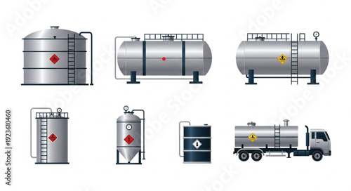 Various industrial storage tanks and tanker truck for fuel and chemicals.