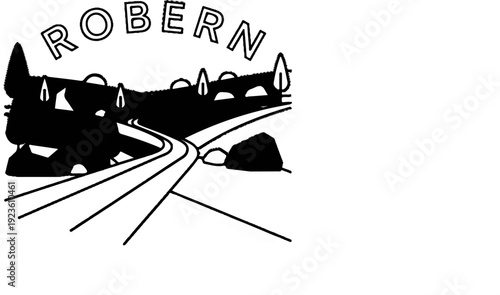 Black and white drawing of a winding road through a landscape with text