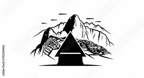 Ancient mountain ruins and a geometric symbol