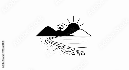 Black and white drawing of a sunrise over mountains and a coastline