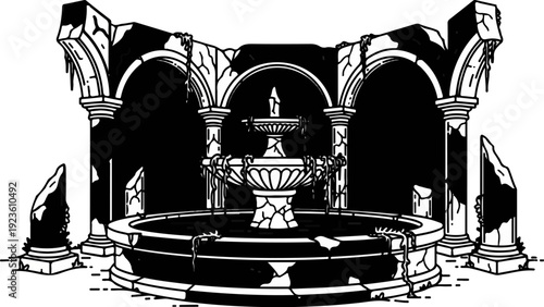 Ancient ruins with a dilapidated fountain under crumbling arches, evoking a sense of decay