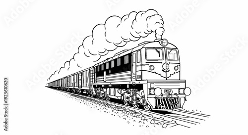Black and white drawing of a freight train with a locomotive and multiple cars