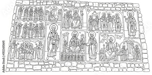 Ancient stone mosaic depicting religious figures and scenes in distinct panels