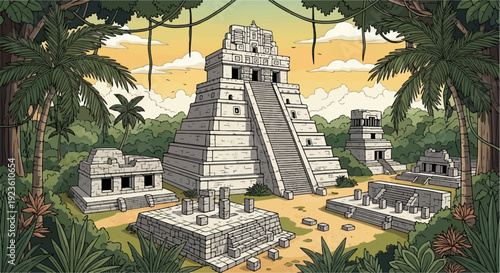 Ancient stone ruins overgrown with lush jungle vegetation under a warm sky