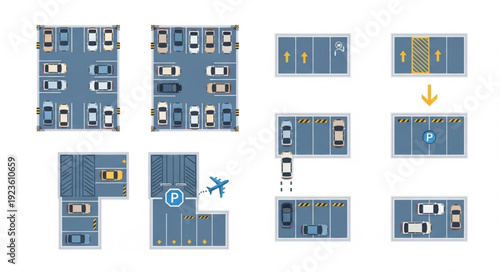 Various parking lot layouts and designs for efficient vehicle management and organization.