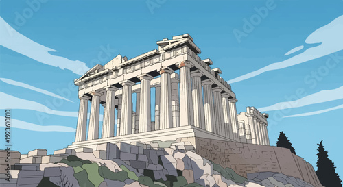 Ancient temple with columns stands on a rocky hill under a cloudy blue sky